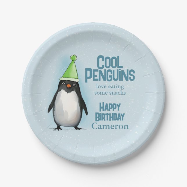 Cool Penguin green hat celebrate kid's birthday Paper Plates (Front)