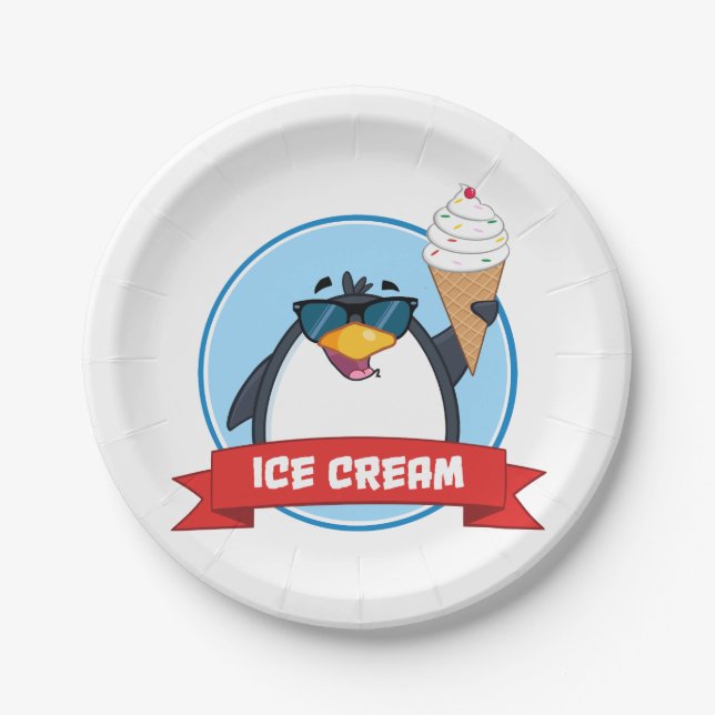 Cool Penguin Holding Ice Cream Paper Plates (Front)