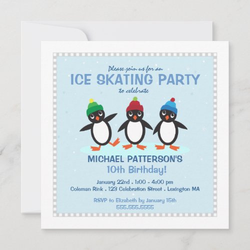 Cool Penguin Ice Skating Birthday Party Invitation