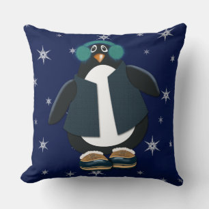 Cool Penguin   Night Sky Snowflakes Throw Pillow