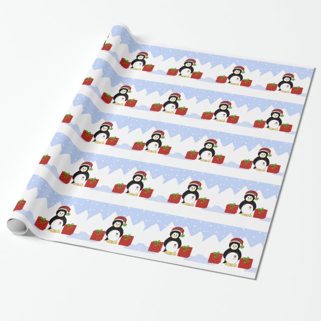 Cool  Penguin with Christmas Packages Wrapping Paper (Unrolled)