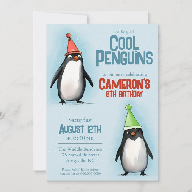 Cool Penguins celebrate kid's birthday Invitation (Front)