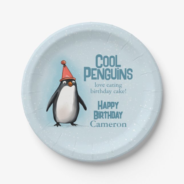 Cool Penguins celebrate kid's birthday Paper Plates (Front)