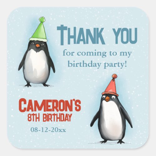 Cool Penguins celebrate kids birthday thank you Square Sticker