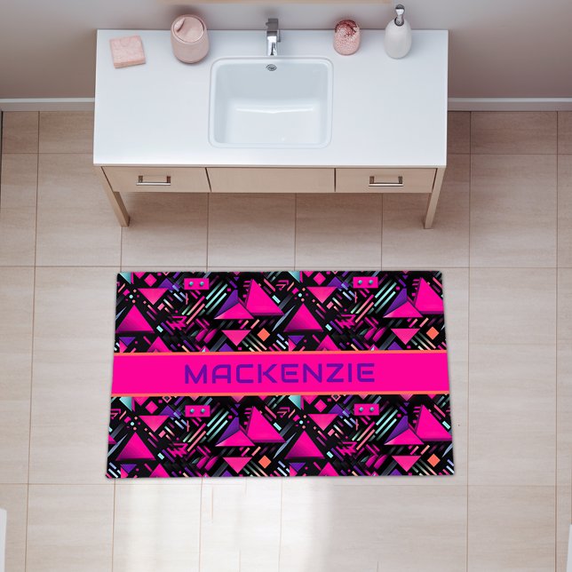 Cool Personalized 80s Geometric Pattern Rug (Retro 80s 90s Geometric Hot Pink and Black Personalized Rug)