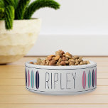 Cool Personalized Beach Surfboard Pattern Pet<br><div class="desc">For pets who hang ten,  this cool beach themed personalized bowl features a pattern of pink,  navy blue,  and turquoise teal retro style surfboards on a crisp white background accented with navy stripes. Personalize with your dog or cat's name in navy blue handwritten style lettering.</div>