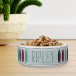 Cool Personalized Beach Surfboard Pattern Pet<br><div class="desc">For pets who hang ten,  this cool beach themed personalized bowl features a pattern of red,  navy blue,  and teal retro style surfboards on a light mint green background accented with navy stripes. Personalize with your dog or cat's name in navy blue handwritten style lettering.</div>