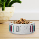 Cool Personalized Beach Surfboard Pattern Pet<br><div class="desc">For pets who hang ten,  this cool beach themed personalized bowl features a pattern of red,  navy blue,  and teal retro style surfboards on a white background accented with navy stripes. Personalize with your dog or cat's name in navy blue handwritten style lettering.</div>