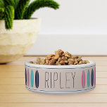 Cool Personalized Beach Surfboard Pattern Pet Bowl<br><div class="desc">For pets who hang ten,  this cool beach themed personalized bowl features a pattern of pink,  navy blue,  and turquoise teal retro style surfboards on a pastel blush pink background accented with navy stripes. Personalize with your dog or cat's name in navy blue handwritten style lettering.</div>
