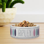 Cool Personalized Beach Surfboard Pattern Pet Bowl<br><div class="desc">For pets who hang ten,  this cool beach themed personalized bowl features a pattern of pink,  navy blue,  and turquoise teal retro style surfboards on a crisp white background accented with navy stripes. Personalize with your dog or cat's name in navy blue handwritten style lettering.</div>