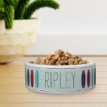 Cool Personalized Beach Surfboard Pattern Pet Bowl<br><div class="desc">For pets who hang ten,  this cool beach themed personalized bowl features a pattern of red,  navy blue,  and teal retro style surfboards on a light mint green background accented with navy stripes. Personalize with your dog or cat's name in navy blue handwritten style lettering.</div>