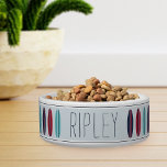 Cool Personalized Beach Surfboard Pattern Pet Bowl<br><div class="desc">For pets who hang ten,  this cool beach themed personalized bowl features a pattern of red,  navy blue,  and teal retro style surfboards on a light blue background. Personalize with your dog or cat's name in navy blue handwritten style lettering.</div>