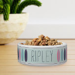 Cool Personalized Beach Surfboard Pattern Pet Bowl<br><div class="desc">For pets who hang ten,  this cool beach themed personalized bowl features a pattern of pink,  navy,  and turquoise teal retro style surfboards on a pastel mint green background accented with navy blue stripes. Personalize with your dog or cat's name in dark navy blue handwritten style lettering.</div>