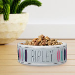 Cool Personalized Beach Surfboard Pattern Pet Bowl<br><div class="desc">For pets who hang ten,  this cool beach themed personalized bowl features a pattern of pink,  navy,  and turquoise teal retro style surfboards on a pastel blue-gray background accented with navy blue stripes. Personalize with your dog or cat's name in dark navy blue handwritten style lettering.</div>