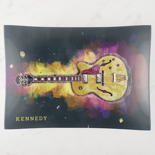 Cool Personalized Guitar Art | Bright Yellow Pink Trinket Tray (Front)