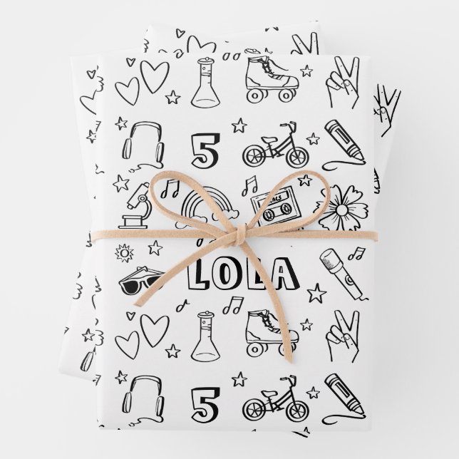 Cool Personalized Kids Coloring Birthday Musical Wrapping Paper Sheets (In situ)