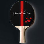 Cool Personalized Red & Black Stripe and Stars Ping Pong Paddle<br><div class="desc">Play ping pong in style with this super cool table tennis paddle,  featuring your name in script text,  striking red vertical stripes and a scattering of red stars on a black background.</div>