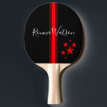 Cool Personalized Red & Black Stripe and Stars Ping Pong Paddle<br><div class="desc">Play ping pong in style with this super cool table tennis paddle,  featuring your name in script text,  striking red vertical stripes and a scattering of red stars on a black background.</div>