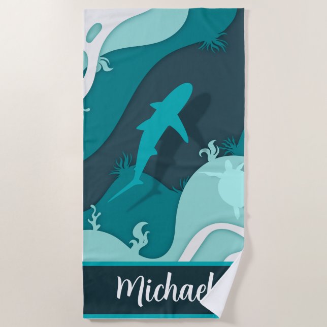 COOL! 🏖️Personalized Shark Beach Towel – Add Name (Front)