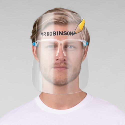 Cool Personalized Teachers Name Face Shield - Cool teachers face shield featuring a bright yellow school pencil scribbling the teachers name.