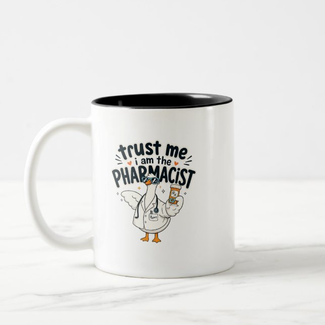 Cool Pharmacist Duck Funny Pharmacy Design Two-Tone Coffee Mug (Left)