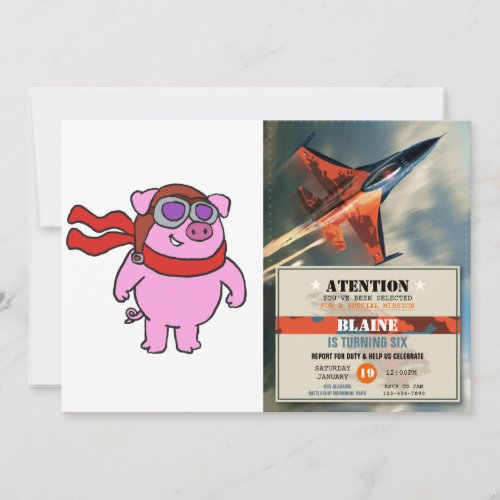 Cool Pig Aviator cartoon  choose background color Invitation
