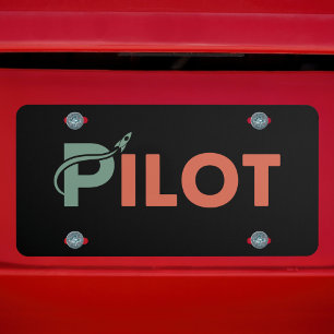 Cool Pilot typography & rocket,Fun,Simple Aviation License Plate