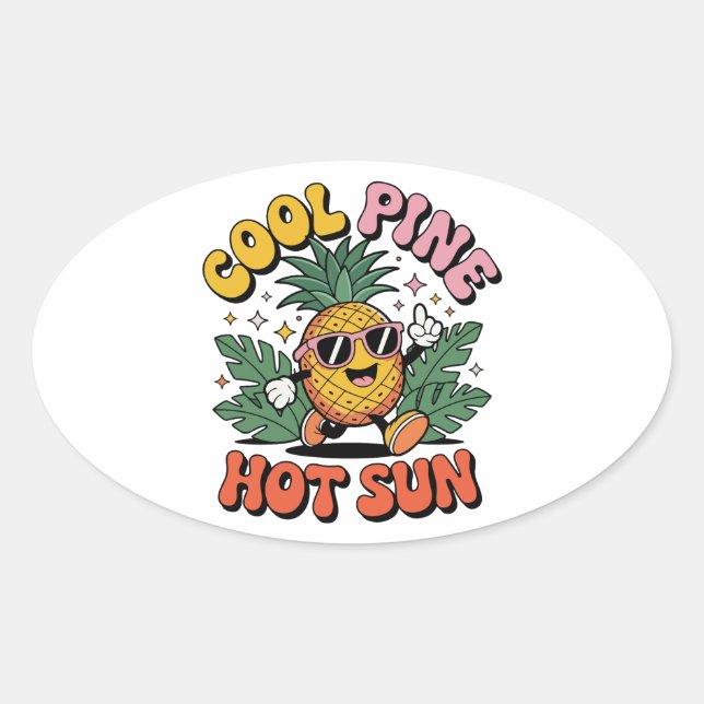 Cool Pine Hot Sun Retro Pineapple Summer Vibes Oval Sticker (Front)