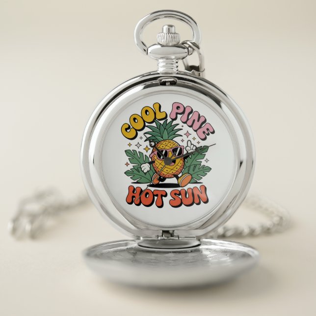 Cool Pine Hot Sun Retro Pineapple Summer Vibes Pocket Watch (Inside)