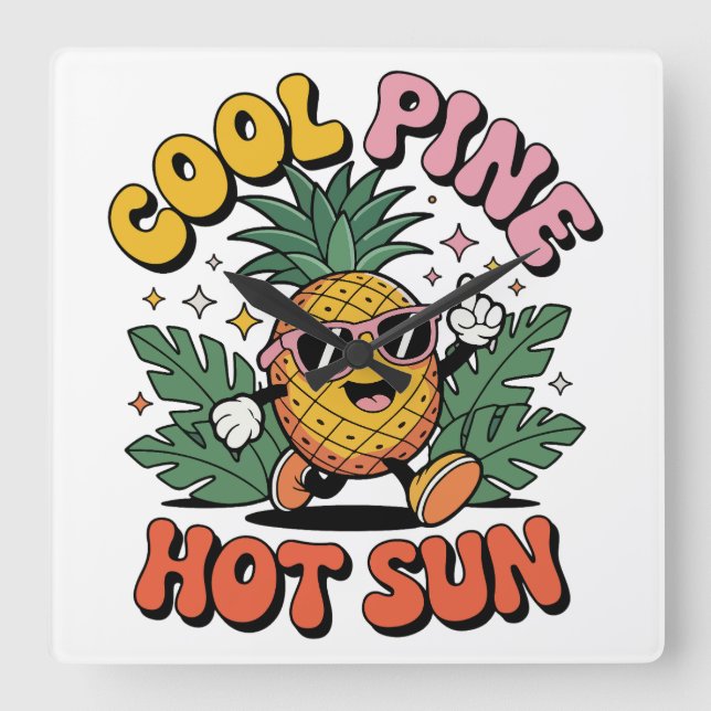 Cool Pine Hot Sun Retro Pineapple Summer Vibes Square Wall Clock (Front)
