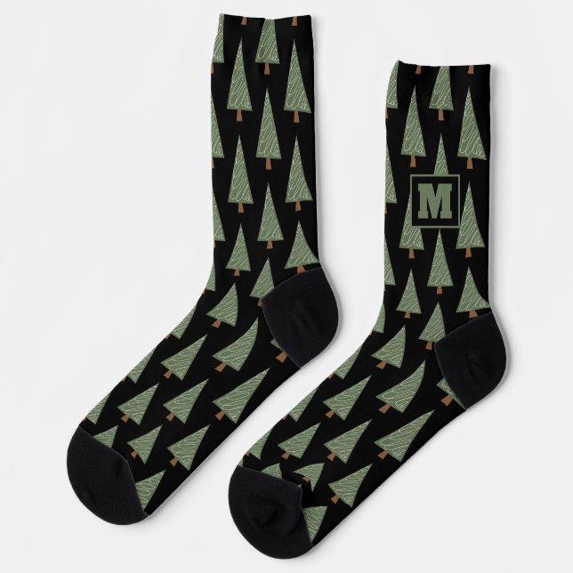 Cool pine tree men's socks with custom monogram (Left)