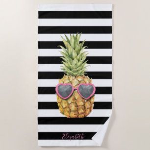 Cool Pineapple, Black White Stripes  Beach Towel