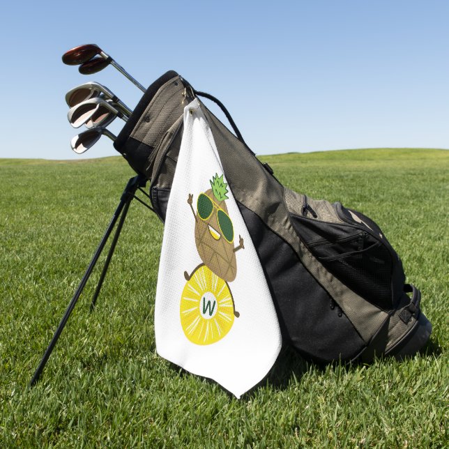 Cool Pineapple Dude Rolling on a Pineapple Ring Golf Towel (Green)