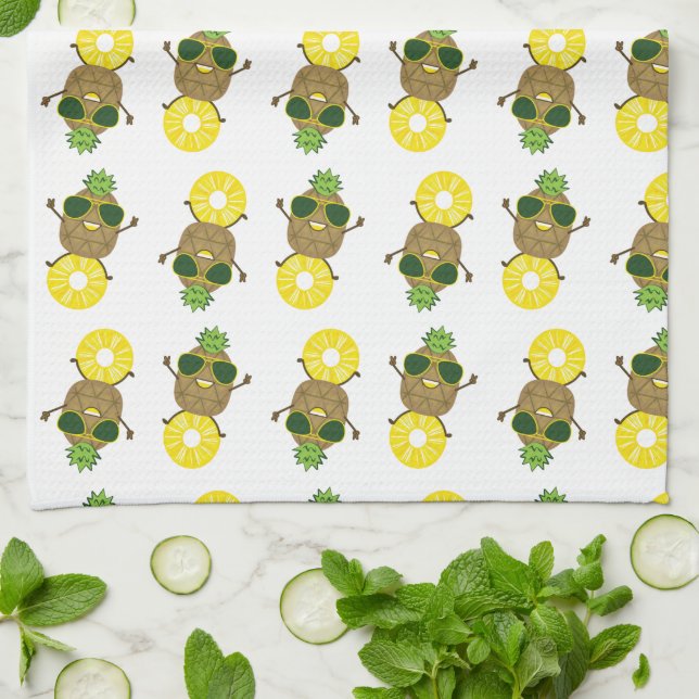 Cool Pineapple Dude Rolling on a Pineapple Ring Kitchen Towel (Folded)