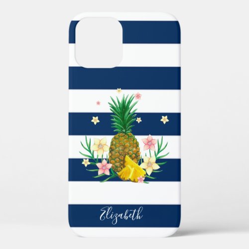 Cool Pineapple Flowers Navy Blue Striped  iPhone 12 Case