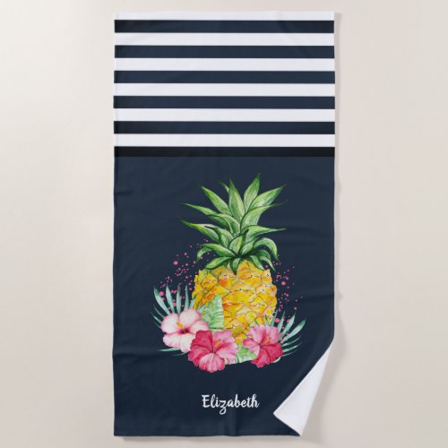 Cool Pineapple Hibiscus Navy Blue Striped   Beach Towel