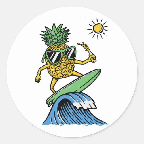 Cool Pineapple is Surfing in the Sea Vibrant beach Classic Round Sticker