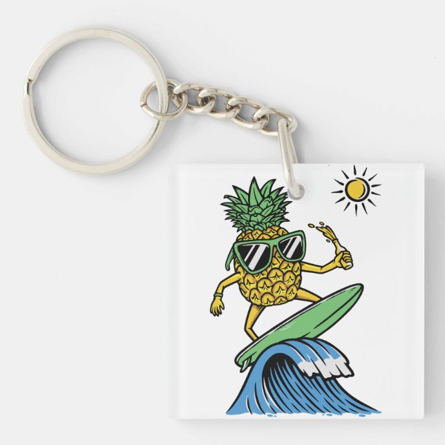 Cool Pineapple is Surfing in the Sea Vibrant beach Keychain (Front)