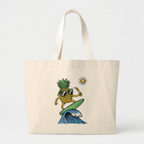 Cool Pineapple is Surfing in the Sea Vibrant beach Large Tote Bag
