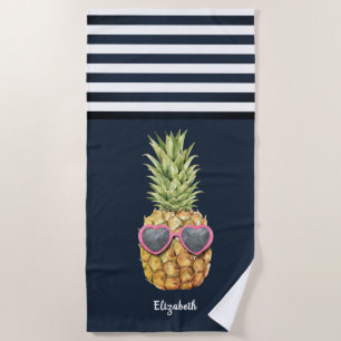 Cool Pineapple Nautical Navy Blue Striped Beach Towel