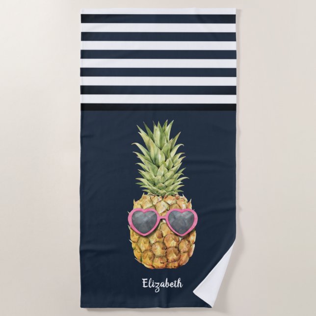 Cool Pineapple Nautical Navy Blue Striped   Beach Towel (Front)