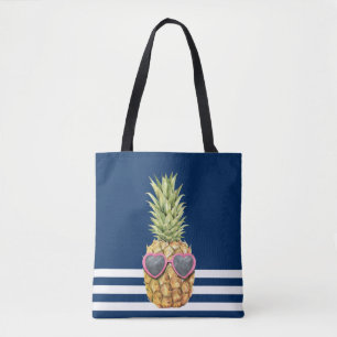 Cool Pineapple Nautical Navy Blue Striped Tote Bag