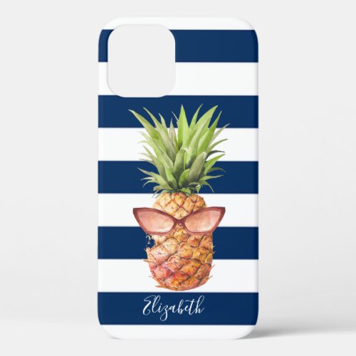 Cool Pineapple Navy Blue Striped iPhone 12 Case