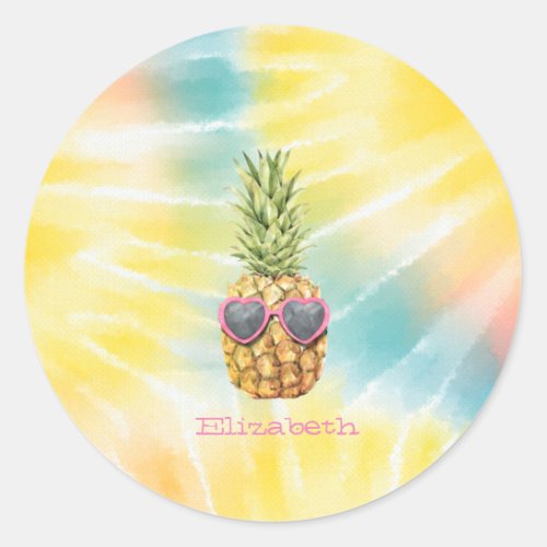 Cool Pineapple Watercolor Rainbow Tie Dye  Classic Round Sticker