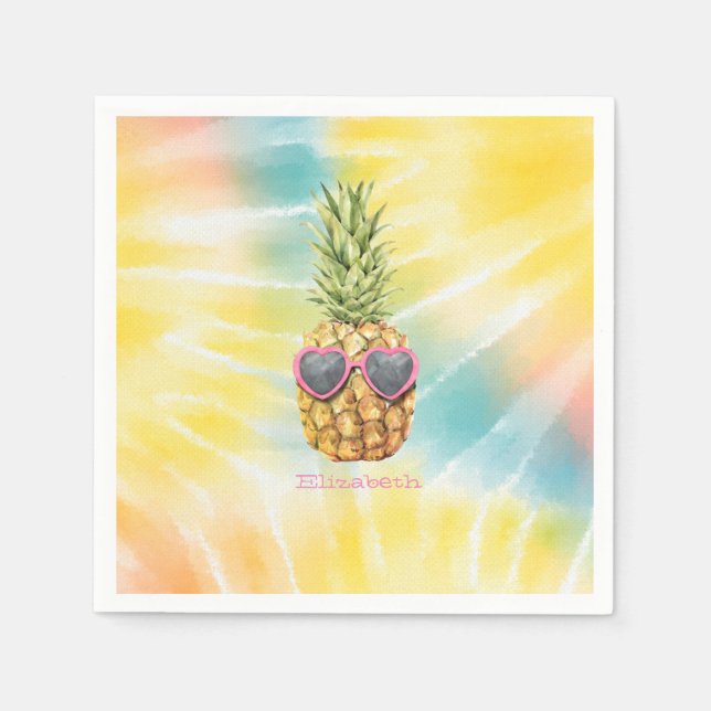 Cool Pineapple, Watercolor Rainbow Tie Dye  Napkins (Front)