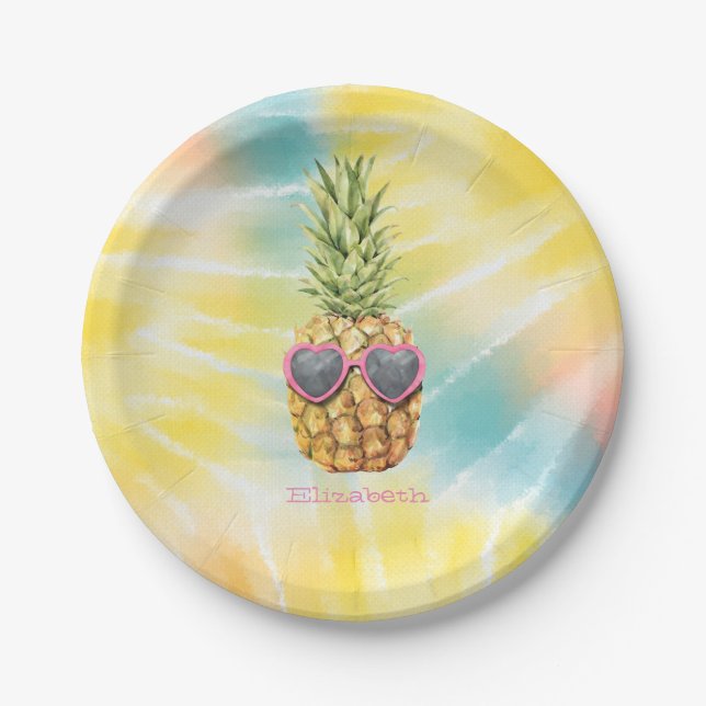 Cool Pineapple, Watercolor Rainbow Tie Dye Paper Plates (Front)