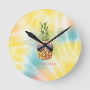 Cool Pineapple, Watercolor Rainbow Tie Dye Round Clock