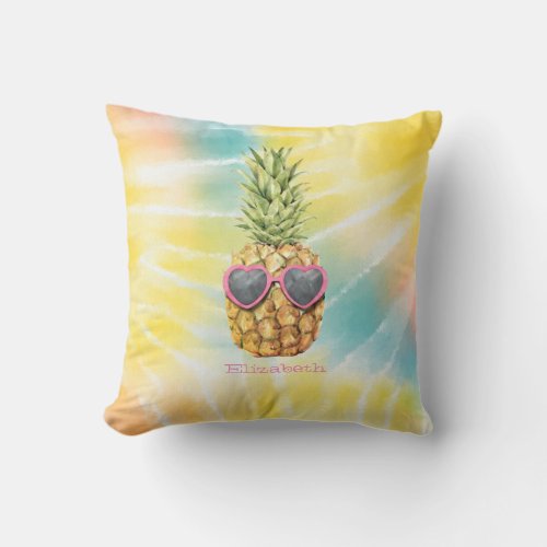 Cool Pineapple Watercolor Rainbow Tie Dye  Throw Pillow