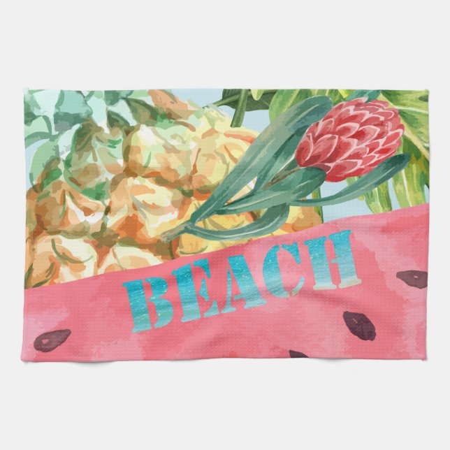 Cool Pineapple Watermelon Hibiscus Palm Leaves  Kitchen Towel (Horizontal)