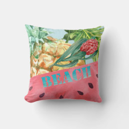 Cool Pineapple Watermelon Hibiscus Palm Leaves  Throw Pillow